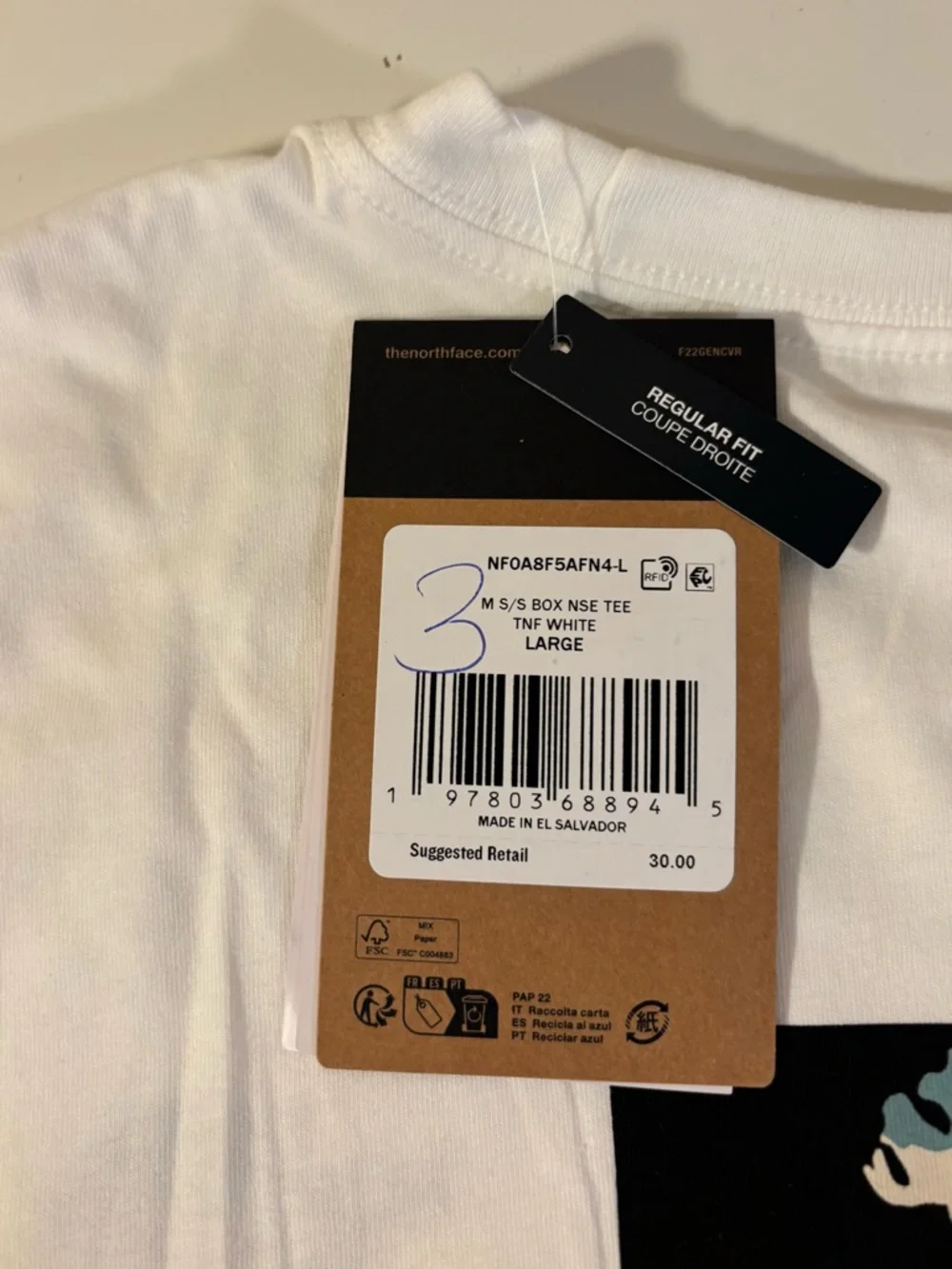 The North Face White Tee with Black & Blue Camo Logo in Size L BNWT